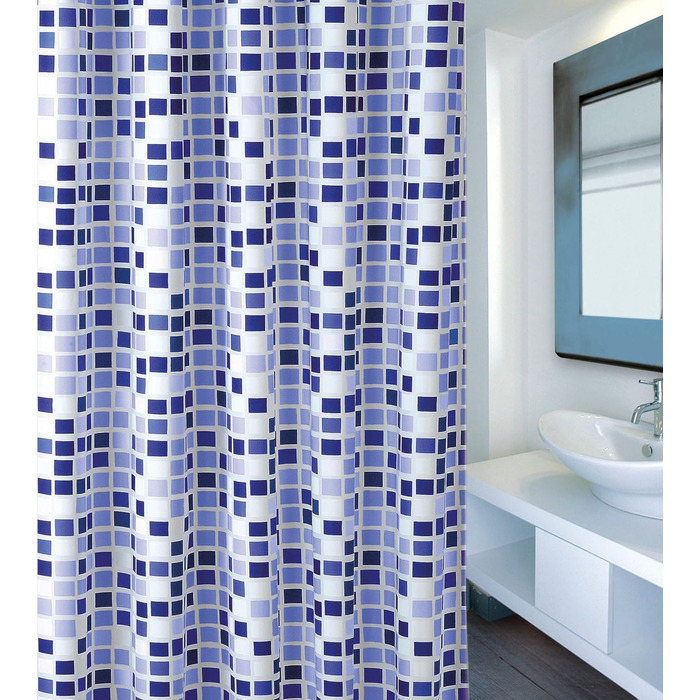 Штора для душу MSV Cotexsa 142102 Premium 'Mosaik' 180x200 см, антибактеріальна, антигрибкова, поліестер, з кільцями, Іспанія (Синій)