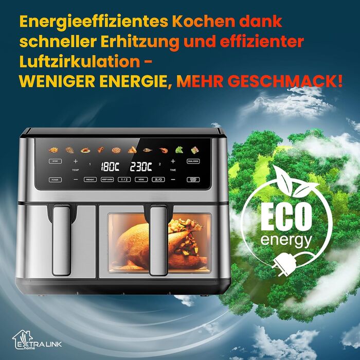 Фритюрниця Extralink 1400W з гарячим повітрям, 4.2L, 10 функцій приготування, LED-дисплей, економна, 90% менше жиру