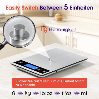 Кухонні ваги цифрові 15 кг, перезаряджувані, з LCD-дисплеєм та функцією тарування, водонепроникні, преміум-якість, чорний/білий