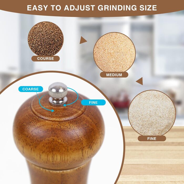 Дерев'яні соляні та перечні млини, 20 см, регульована ступінь помелу, ручні, з дуба, для кухні - набір 2 шт.