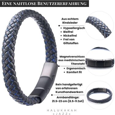 Чоловічий браслет Halukakah Solo з натуральної шкіри, чорний колір, регульований розмір 21.5-23 см, з нержавіючою сталею та шнуром червоно-синього кольору. Безкошовна подарункова коробка.