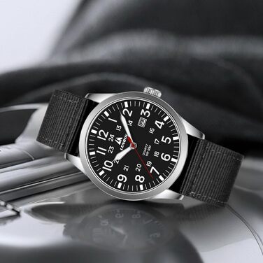 Чоловічий годинник LN LENQIN: аналоговий кварцовий годинник з нейлоновим ремінцем, 30M водостійкість, з датою (чорний, срібний, чорний)