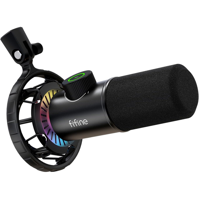 Мікрофон FIFINE K658 Black - USB мікрофон для ПК, PS4, PS5, MAC з RGB підсвічуванням, динамічний, 16 біт/48 кГц, 3.5 мм роз'єм для навушників, Plug-and-Play, з амортизатором