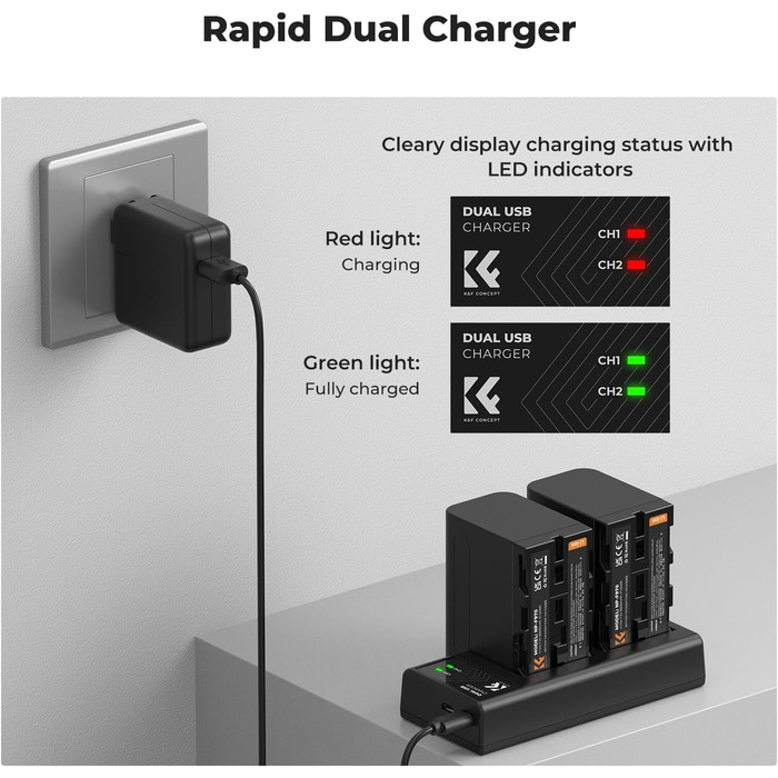 K&F CONCEPT NP-F970: 2 акумулятори 6600mAh та LED-зарядний пристрій (сумісний з Sony NP-F550, F570, F750, F770, F930, F950, F960, F970) для LED-ліхтів, моніторів та камер
