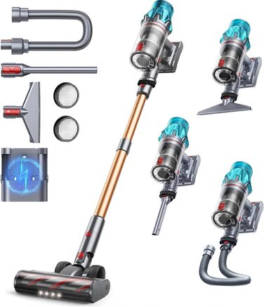 Бездротовий акумуляторний пилосос Fieety 8-в-1, 50kPa, 600W, 65 хв, 1.6л, без мішка, з антизаплутуванням волосся, насадка для диванів, станція зарядки, для шерсті тварин, килимів, твердих поверхонь, авто