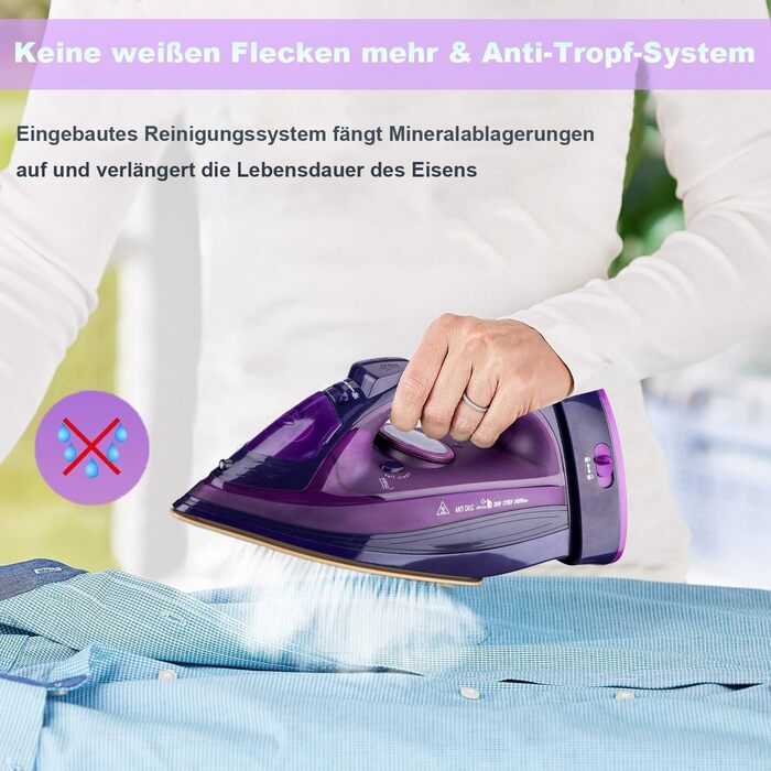 Пароочищувач бездротовий 2400W з керамічною підошвою, функцією вертикального прасування, антикальк, самоочищення та резервуаром для води (фіолетовий)