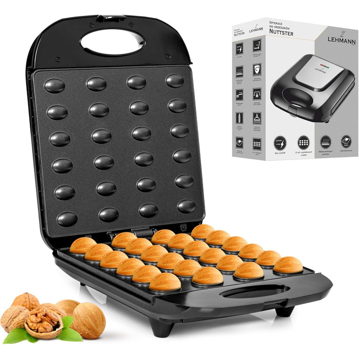 Lehmann Electric Nut Baker with Non-Stick Coating | 1700W | Nut Maker for 24 Nut Halves | Nut Baking Machine | Nut Waffle Iron for Oreschki and Nut Waffles