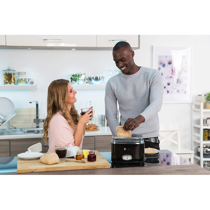 Russell Hobbs Toaster [for 2 slices] Retro Stainless Steel Black (Retro-style countdown display, including bread roll attachment, 6 browning levels + defrost & reheat function, 1300W) Vintage 21681-56