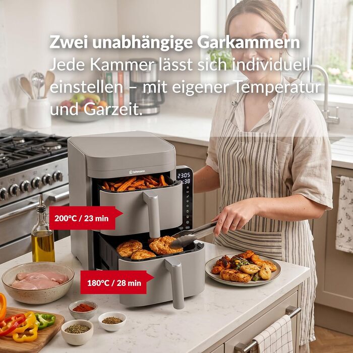 Аерофритюрниця з двома камерами LEHMANN XXL 12L, безмасляний Airfryer на 2800 Вт, 10 програм, антипригарне покриття, бежевий