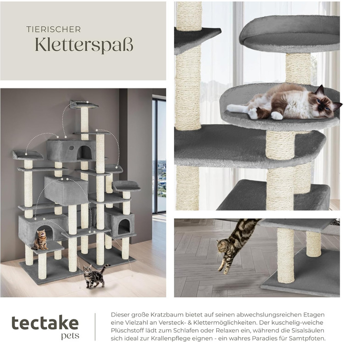 Дерево для котів tectake® велике, з аксесуарами, XXL, 4 будиночки для котів, ігровий комплекс з подряпальною колоною, з сизалю, сірий | 403920