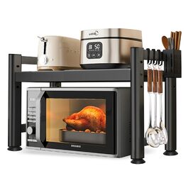 Регульована підставка для мікрохвильової печі, 2-рівнева розширювана полиця для кухні, полиця для робочої поверхні, вуглецева сталь, полиця для мікрохвильової печі з 8 гачками, тримач для кухонного приладдя, чорний