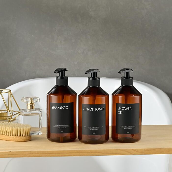 Набір з 3 сеппенсерів для кріплення на стіну, 500 мл, дозатори шампуню та гелю для душу, чорний колір, без свердління, для кухні та ванної кімнати (коричнева пляшка + чорна головка)