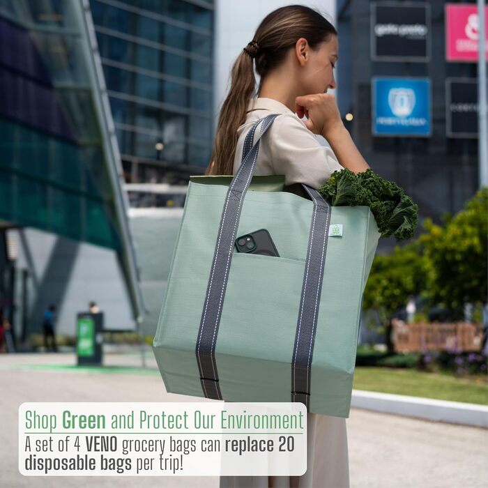 VENO 34 Liter Large Shopping Bag Foldable with Sturdy Bottom and Front Pocket, Reusable Shopping Bags Water-Repellent Tote Bag Shopping Basket for Shopping Picnic (Light Green, 4-Pack)