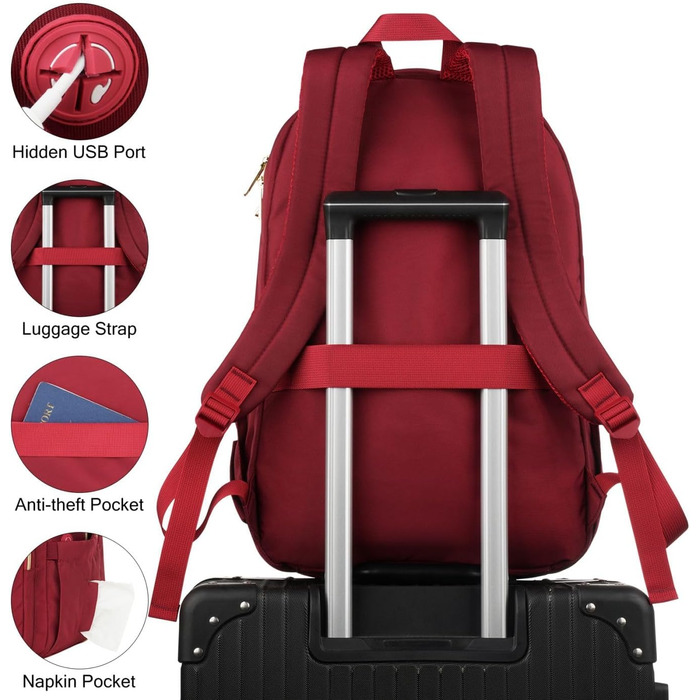 Жіночий рюкзак для ноутбука 17.3 дюйма, шкільний рюкзак для дівчат-підлітків, для навчання, роботи та офісу, для студентів та вчителів, колір: винний