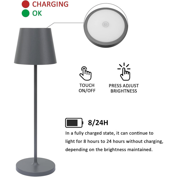 LED настільна лампа K-Bright з регулюванням яскравості, акумуляторна | Для дому та вулиці | 3000K тепле світло | Дизайнерська лампа з зарядною станцією | 2 шт. (1 шт. темно-сіра)