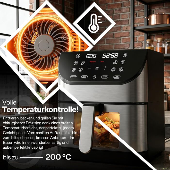 Retoo Фритюрниця без олії 6.5л 1800W з цифровим дисплеєм та 10 програмами, аерофритюрниця, нержавіюча сталь, чорний колір