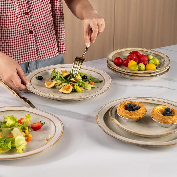 GBHOME Набір посуду з кераміки (12 предметів), керамічний, ручної роботи, реактивна глазур, тарілки та миски, стійкий до сколів та тріщин, придатний для миття в посудомийній машині та використання в мікрохвильовці, набір посуду на 4 особи, білий