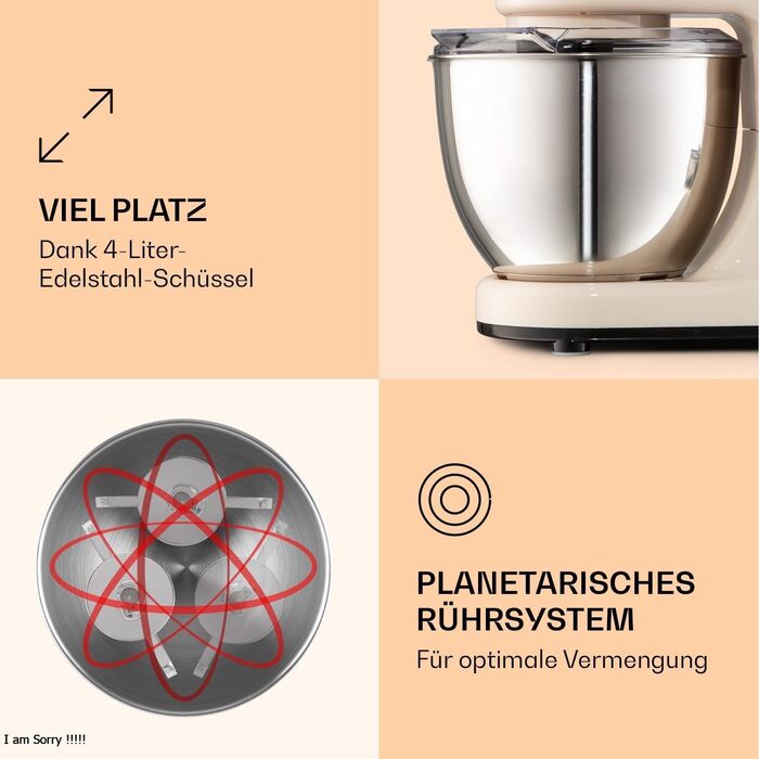 Klarstein Bella Kitchen Machine - Stand Mixer with 6 Speed Settings, Stainless Steel Beater, Pulse Function, Planetary Mixing System, 3 Mixing Attachments, 1200 W Power, cream