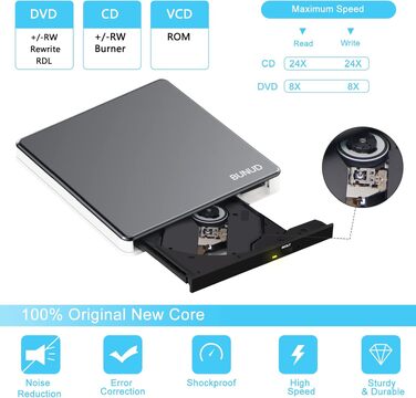 Зовнішній CD/DVD привід BUNUD USB 3.0 та Type-C, портативний DVD-брунер з картридером SD/TF та 2 USB-портами для ноутбука, PC, iMac, Windows та macOS, сіро-білий