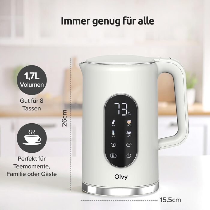 Електричний чайник Olvy 1.7L з регулюванням температури – Швидкий, з нержавіючої сталі, 2200W, з функцією підтримання тепла, подвійні стінки (Білий)