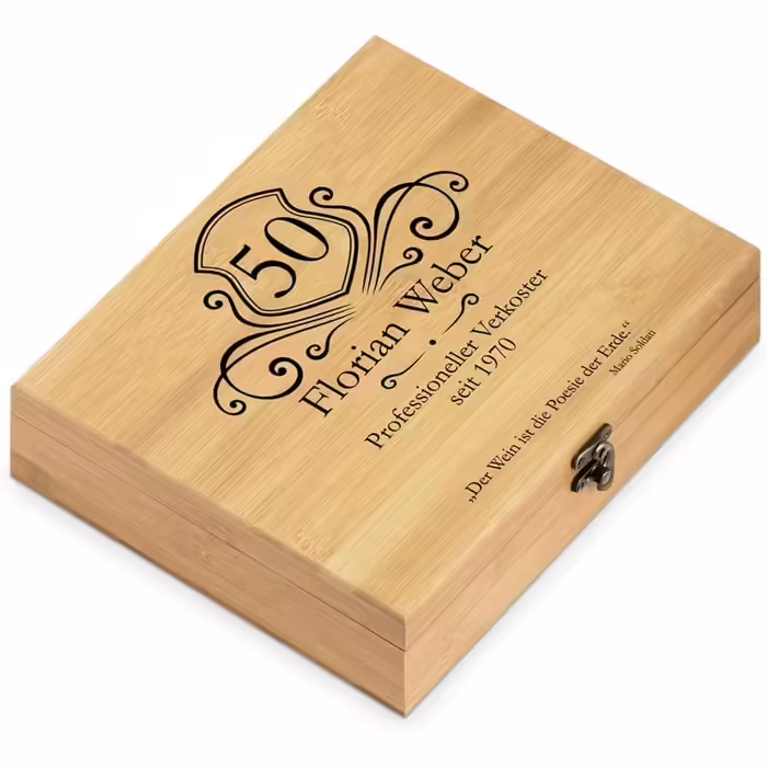 Maverton Wine Opener Set Personalized Wine Set Sommelier Set - Gift Box Wooden Box + 6-Piece Wine Accessory Set - Made of Bamboo - Brown - Birthday Gift for Men - Professional Taster