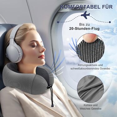 Подушка для шиї у подорожах: м'яка піна пам'яті, бавовна, U-подібна форма, з чохлом, для автомобіля, літака, офісу (сіра)