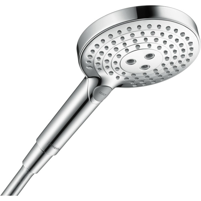 hansgrohe Raindance Select S - water-saving showerhead 9 l/min (EcoSmart), hand shower with 3 spray patterns, round shower head (⌀ 120 mm), water-saving showerhead with anti-limescale function, (showerhead incl. PowderRain + hose, Chrome, showerhead incl. PowderRain + hose)