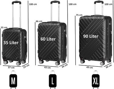 Набір валіз Zelsius 3 шт., чорний | ABS, з кодовим замком, подвійними колесами та внутрішнім роздільником | Ручна валіза, набір валіз, ролер, велика валіза, багаж