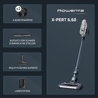 Бездротовий пилосос Rowenta X-Pert 6.60: акумуляторний, 100W, 45 хв роботи, без мішка, LED-насадка, легкий, 0,55 л, насадка для щілин, кріплення, чорний, RH6831EO (сірий/срібний)