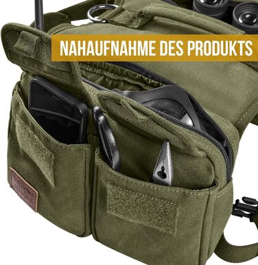 Шлейка для собак OneTigris з рюкзаком Hoppy Camper 3.0, зелена, для середніх/великих собак, рюкзак для собак з 2 основними та 4 додатковими кишенями