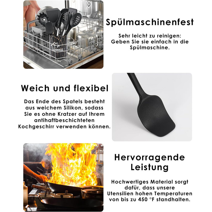 Набір кухонних аксесуарів Czemo 43 шт. з силікону: кухонні помічники, посуд, лопатки, ложки, чорний