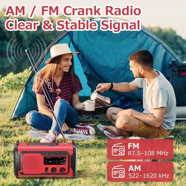 Радіо на сонячній батареї та ручному заводі Kurbelradio 27000mAh з SOS, Bluetooth, Powerbank та ліхтариком для кемпінгу та активного відпочинку (Червоний)
