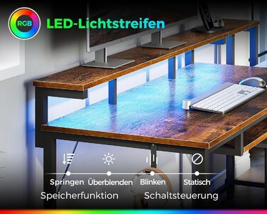 Ігровий стіл Coleshome з LED підсвічуванням, стіл для комп'ютера з ящиками з тканини, 2 розетки та 2 USB-порти, стіл для дому та офісу з підставкою для монітора (140x48 см, коричневий)