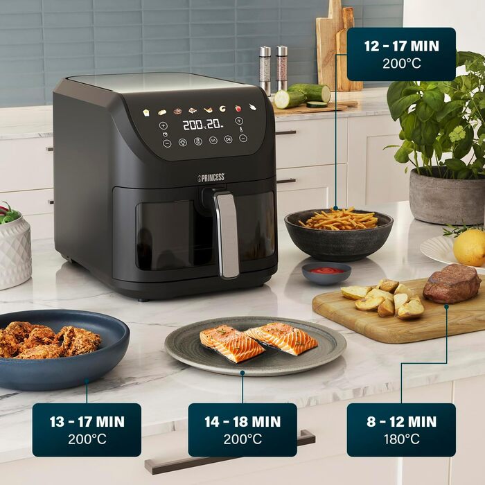 Princess SlimFry Hot Air Fryer 8 L, space-saving, fat-free cooking technology, 8 programs, viewing window, powerful (2000 W) and quiet operation (55 db), Black, Airfryer 01.182258.01.001 COMPACT, SLIM DESIGN 8L