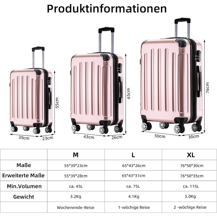 Чохол-валіза Beibye Hartschalen Koffer Trolley Rollkoffer Reisekoffer з полікарбонату (Рожеве золото, 76 см - 110 л)