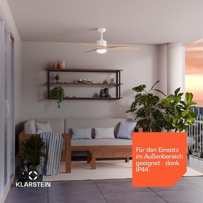 Стельовий вентилятор Klarstein SkyBreeze з підсвічуванням та керуванням для вулиці (IP44), 6 швидкостей, димування, 132 см, колір клен, Smart