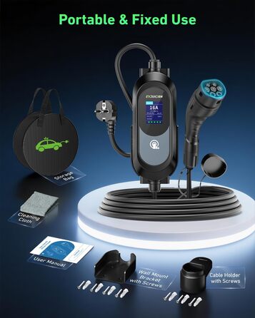 Електричний зарядний пристрій для авто Evjuicion, 15 метрів, 3.68 кВт, 8-16 А, 0-12H, IP67, Тип 2, LED-дисплей, кріплення для стіни та кабелю, портативний, сумка