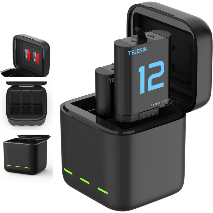 TELESIN Акумулятор для GoPro Hero 12/11/10/9 Black + зарядний пристрій на 3 слоти + USB-C кабель