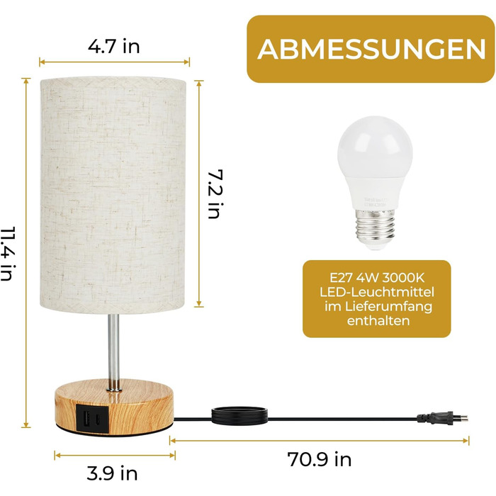 Настільна лампа Suright з торшером з льону, USB-портами A+C, регулюванням яскравості, дерев'яною основою, для спальні/вітальні (LED-лампочка в комплекті), 2 шт. - бежева