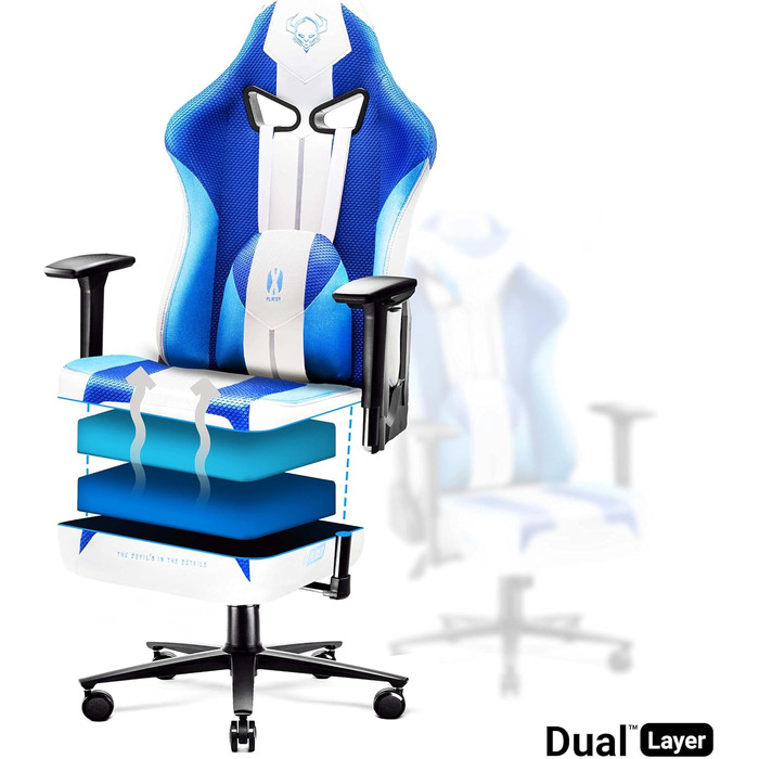 Ігрове крісло Diablo X-Player 2.0 Frost White, тканинне, ергономічне, 3D підлокітники, подушки для шиї та попереку, широка сидушка, вага до 150 кг, офісне/геймерське крісло, розмір L