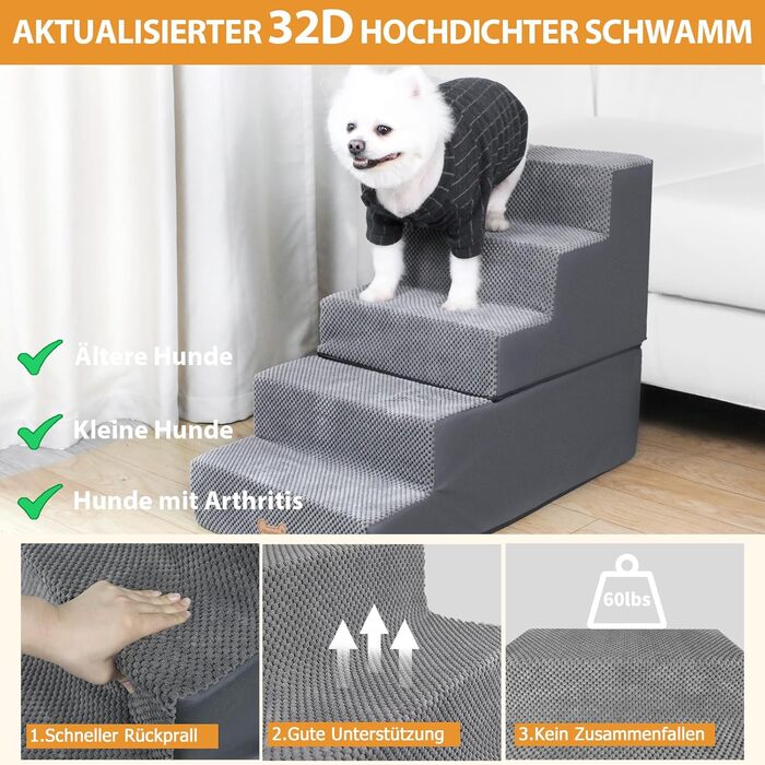 Non-slip Dog Stairs for Small Dogs 3-Step, Dog Ramp for Bed and Sofa made of High-Density Sponge, Pet Stairs with Removable, Washable Cover and Non-Slip Bottom, 45x40x34cm (5 Steps)