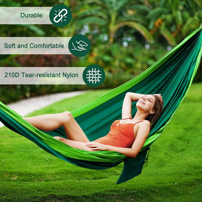 Гамак для кемпінгу Outdoor, легкий, портативний, з двома стропами для дерев, нейлон, 280*140 см (темно-зелений)