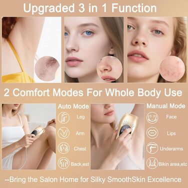 IPL пристрій для епіляції з охолодженням сапфіром – 3-в-1 для жінок та чоловіків, 999 999 імпульсів, 9 рівнів інтенсивності, для обличчя, під пахвами, на ногах та в зоні бікіні Silver