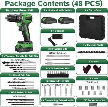 Ginour 21V акумуляторний ударний дриль-шуруповерт, комплект 47 предметів, сумісний з Makita 18V, 50 Nm, 2 швидкості, LED, 10 мм