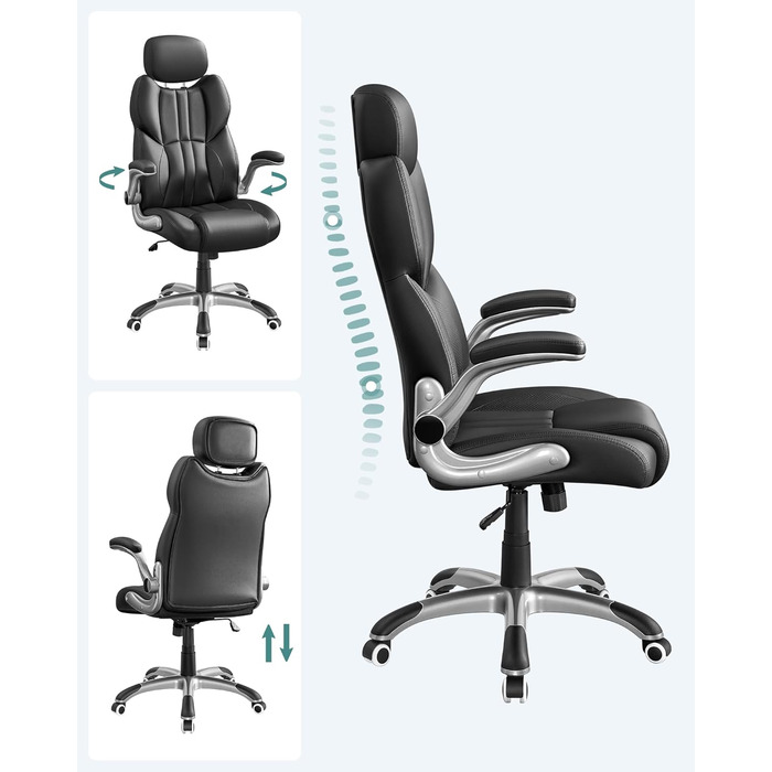 Крісло офісне SONGMICS, геймерське, регульована підголовник, функція гойдання, регульовані підлокітники, чорне, OBG65BK