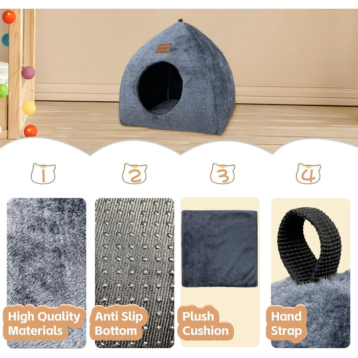 Кішка-будиночок для дому: затишне ліжко-печера для котів з м'яким знімним подушкою, 40x40x35 см, темно-синій
