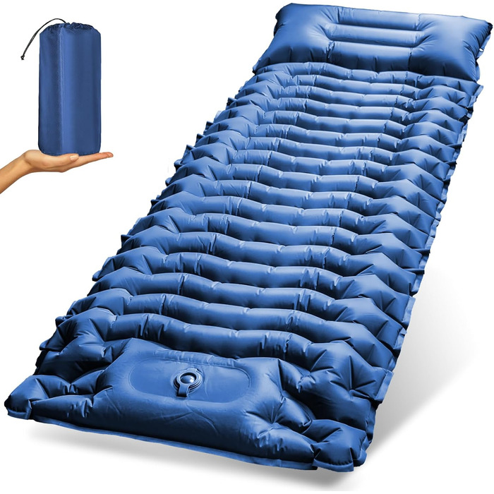 Надувна туристична матрац Holwim Isomatte з самонадуваванням, самостійно надувається, з подушкою та насосом, ультралегка, компактна, для кемпінгу, блакитна