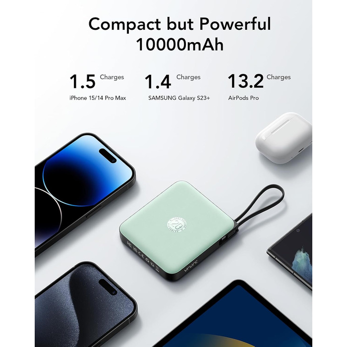 Power Bank VRURC 10000mAh з кабелем: компактний акумулятор USB-C, швидка зарядка 22.5W, LED-дисплей, сумісний з iPhone, Huawei