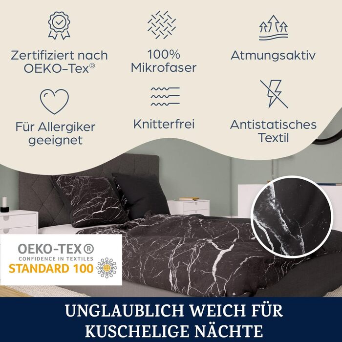 Комплект постільної білизни Sleepwise 200x200, 3 шт. - мікрофібра, дихаюча, без прасування, ÖKO-TEX, чорний мармур