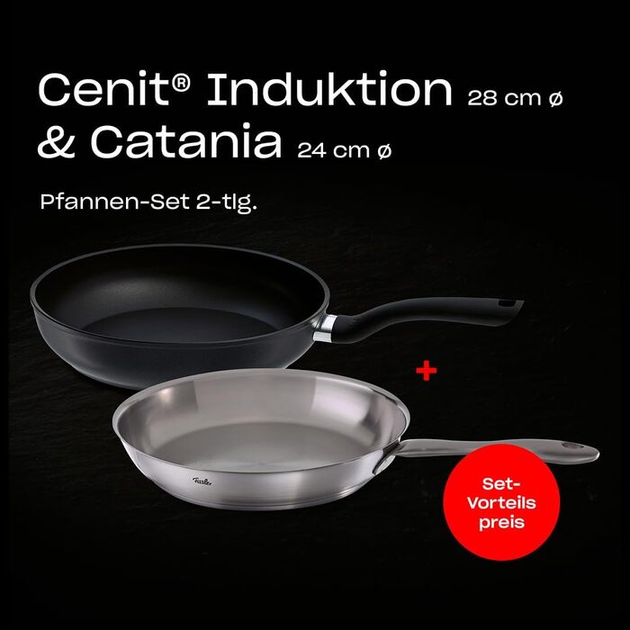 Набір сковорідок Fissler: Catania 24 см (нержавіюча сталь, без покриття) та Cenit 28 см (алюміній, з антипригарним покриттям), для індукції